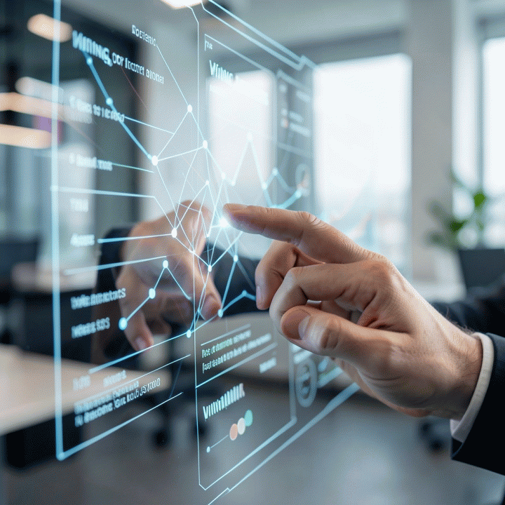 Tangan seorang profesional sedang berinteraksi dengan antarmuka data holografik untuk mengubah data mentah menjadi insight copywriting yang dapat ditindaklanjuti.