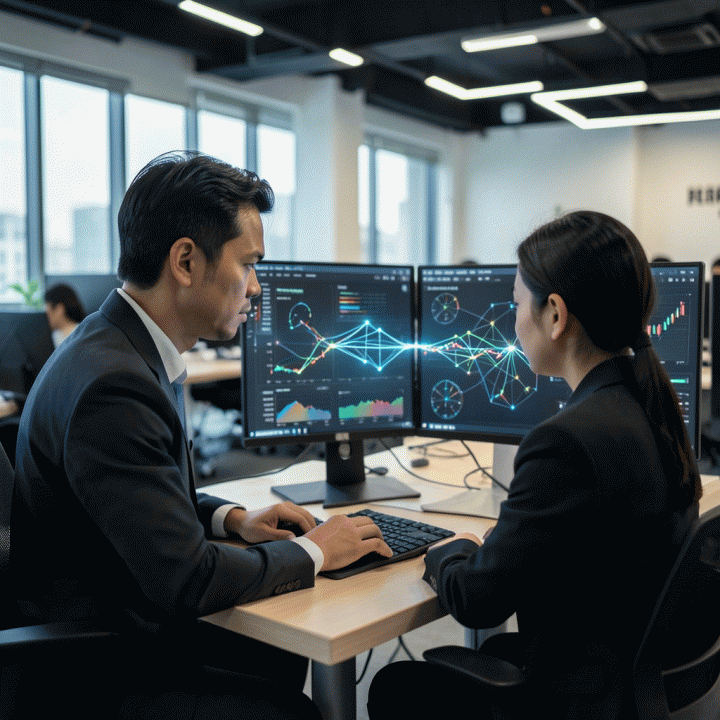 Seorang analis data profesional di co-working space modern, fokus pada monitor multi-layar yang menampilkan visualisasi data kompetitor yang kompleks, menyoroti celah pasar yang teridentifikasi.
