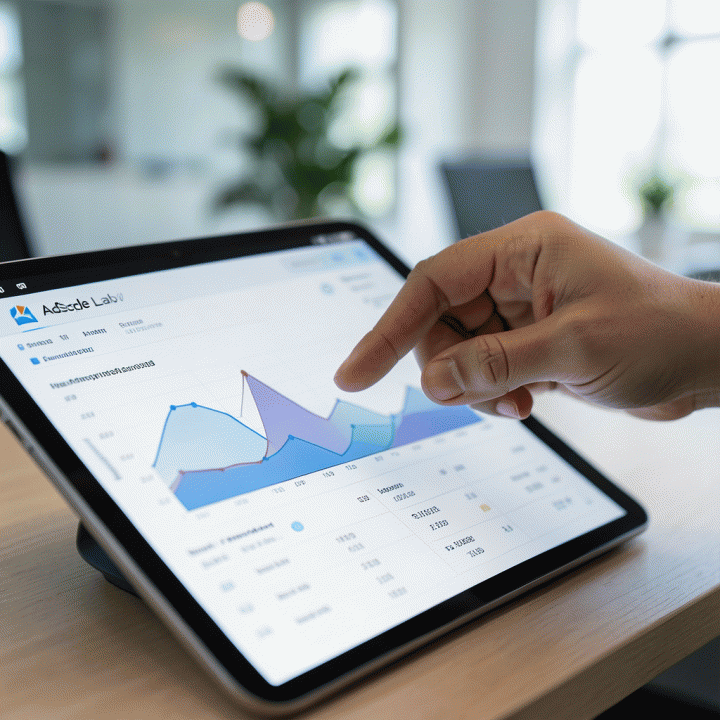 Tangan profesional sedang berinteraksi dengan tablet yang menampilkan perbandingan data kompetitor yang terstruktur, menunjukkan proses identifikasi celah pasar.
