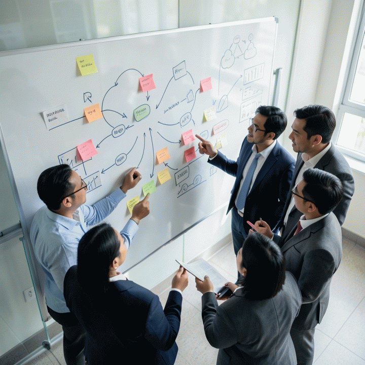 Tim marketing sedang berdiskusi di depan whiteboard yang penuh diagram strategi, menunjukkan kolaborasi dalam merumuskan rencana pemasaran unggul.