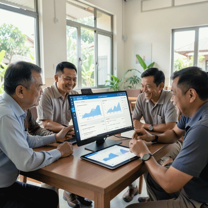 Pengurus RT/RW Indonesia yang berdiskusi di ruang kerja modern, menggunakan tablet digital untuk mengelola administrasi lingkungan komunitas, menunjukkan transisi dari proses manual ke digital yang efisien.