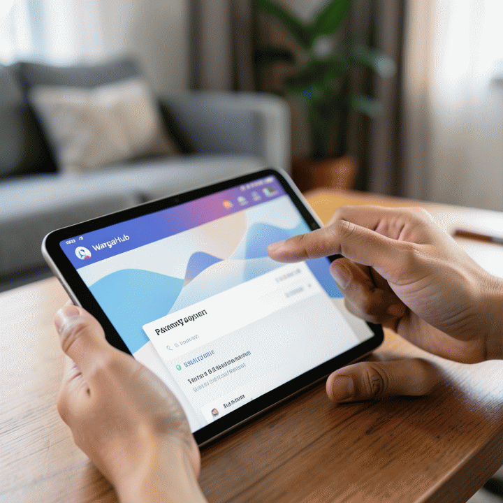 Tangan seseorang yang sedang menggunakan tablet untuk mencatat atau memverifikasi data iuran warga secara digital.