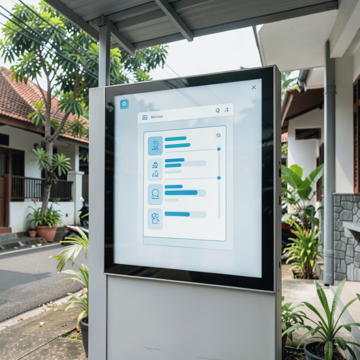 Pengumuman wajib lingkungan yang ditampilkan secara digital di pusat komunitas, menunjukkan komunikasi yang terpusat dan transparan.