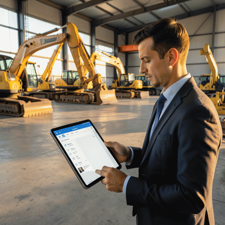 Seorang manajer bisnis berdiri di gudang alat berat yang modern dan terorganisir, meninjau dashboard digital pada tablet, menunjukkan efisiensi operasional dan manajemen inventaris yang terintegrasi.
