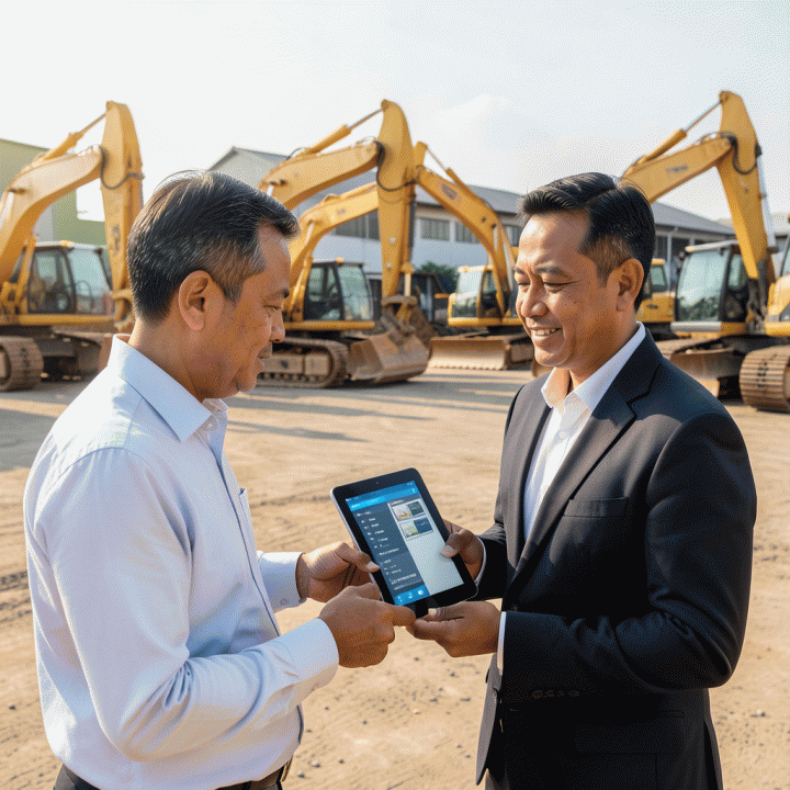 Manajer bisnis rental alat berat di Cikarang menggunakan tablet untuk mengelola inventaris alat berat secara digital di lokasi yang tertata rapi.