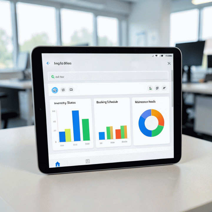 Tampilan dashboard digital yang menunjukkan status inventaris dan jadwal pemesanan alat berat yang efisien.