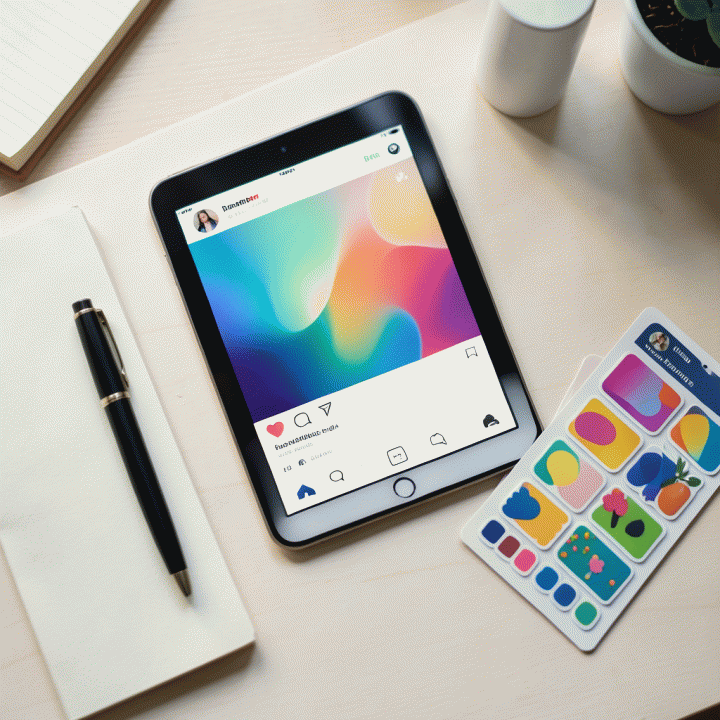 Tata letak flat lay peralatan kerja kreatif, menampilkan mockup story Instagram di iPad dan stiker fisik sebagai inspirasi.