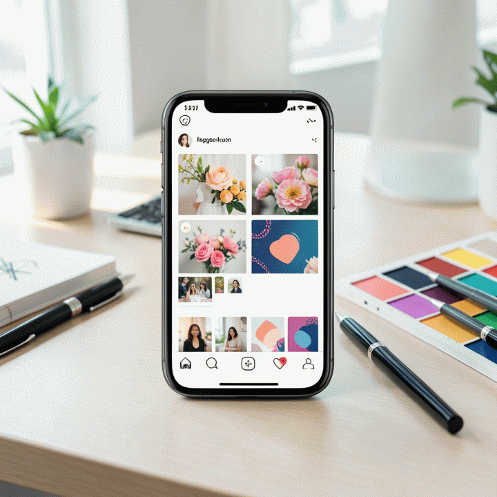 Tampilan sinematik smartphone yang menampilkan feed Instagram estetik dengan berbagai stiker digital premium, diletakkan di atas meja kerja kreatif yang terang.