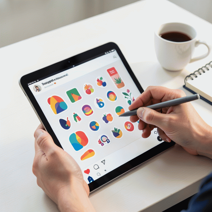 Tangan sedang mendesain stiker digital premium di tablet, menunjukkan proses peningkatan estetika konten media sosial.