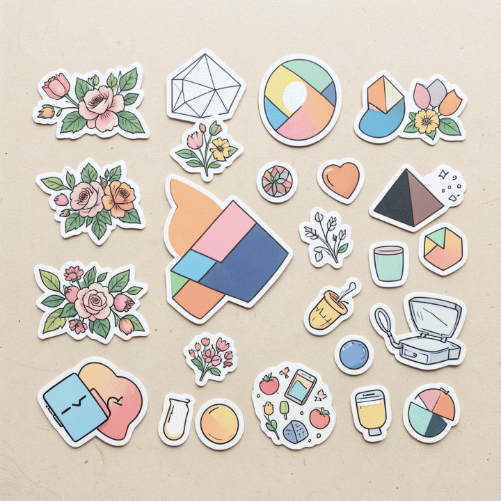 Tata letak datar (flat lay) yang menampilkan kumpulan aset stiker digital premium yang siap digunakan untuk dekorasi konten kreatif.