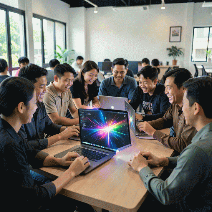 Kelompok online seller (UMKM) yang antusias menggunakan alat AI di ruang kerja modern, menunjukkan efisiensi dalam pembuatan konten iklan massal.