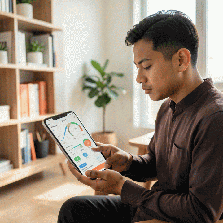 Seorang pemuda Muslim Indonesia yang fokus meninjau pelacak kebiasaan ibadah digital di tablet, menunjukkan rutinitas spiritual yang terorganisir dan konsisten.
