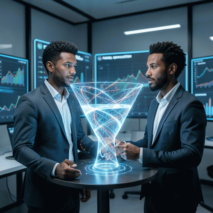 Ilustrasi digital yang menampilkan ahli pemasaran sedang mempresentasikan diagram corong penjualan (sales funnel) digital yang bercahaya dan terintegrasi dengan data visualisasi canggih di ruang kerja futuristik, melambangkan proses konversi yang optimal.