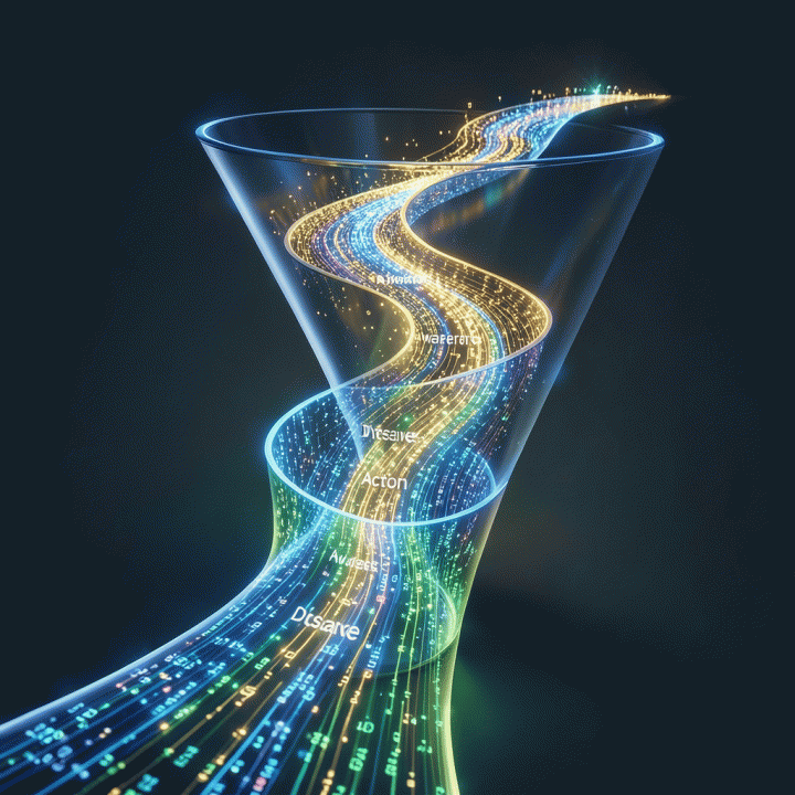 Visualisasi konseptual dari sales funnel digital yang terstruktur dan mengalir, menunjukkan perjalanan prospek dari tahap kesadaran hingga konversi maksimal.