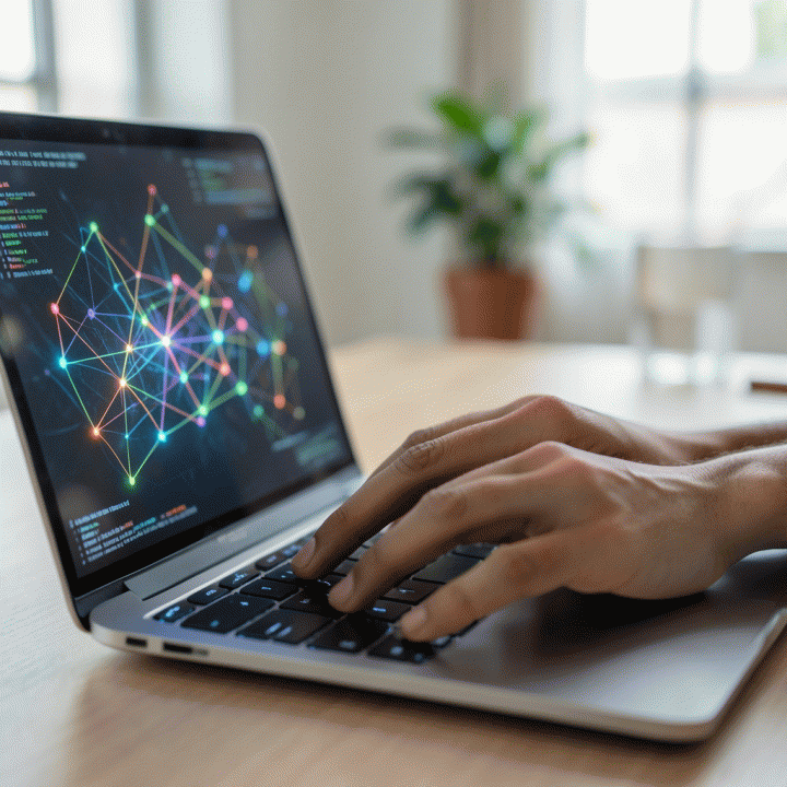 Tangan seorang founder yang mengetik di laptop, dengan visualisasi data abstrak di layar yang melambangkan ide sedang diproses oleh AI.