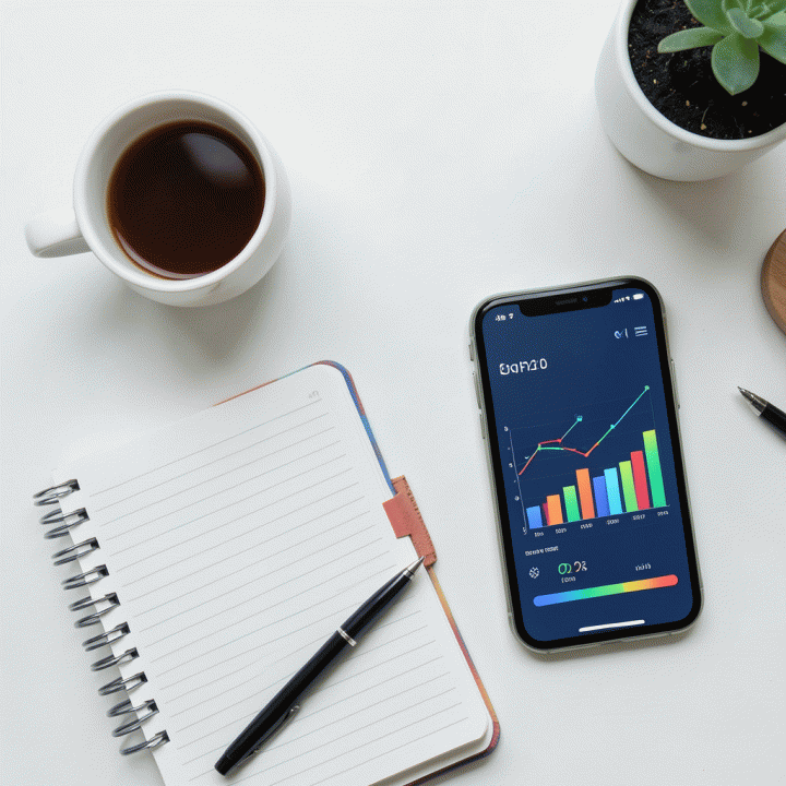 Tampilan atas meja kerja yang berisi planner, smartphone, dan alat tulis, melambangkan perencanaan anggaran bulanan yang terstruktur.