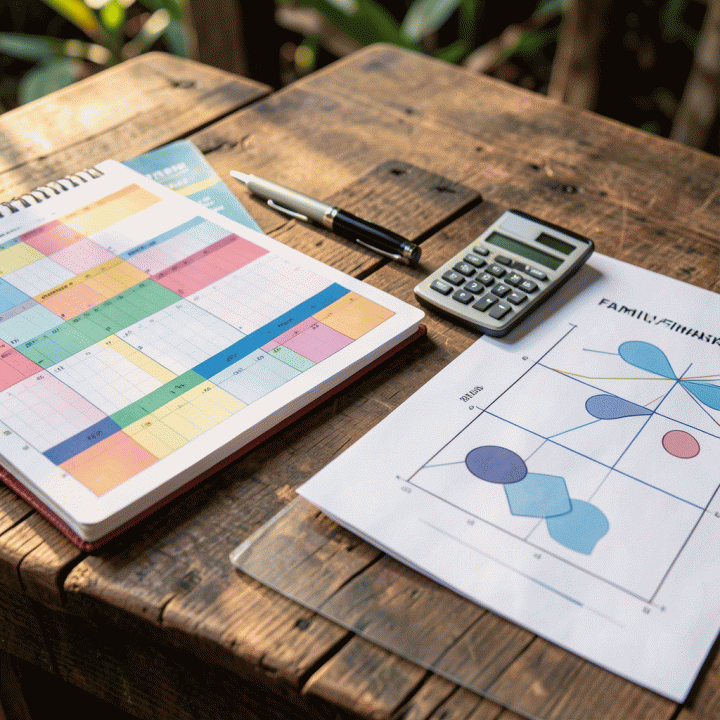 Detail alat perencanaan keuangan seperti buku catatan anggaran dan grafik keuangan di atas permukaan kayu, menunjukkan proses penganggaran yang hati-hati.