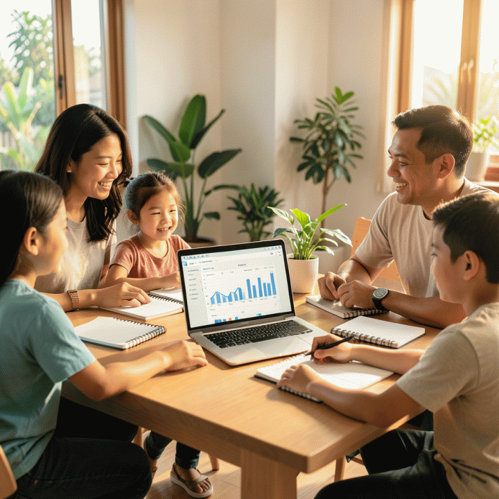 Keluarga Indonesia modern yang positif dan kolaboratif sedang merencanakan keuangan keluarga di meja makan yang hangat, menggunakan template spreadsheet yang terorganisir.