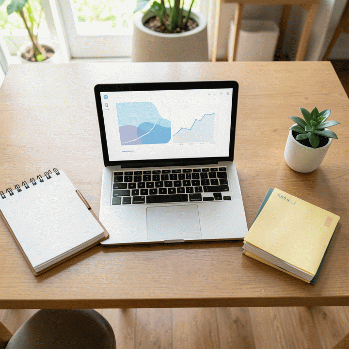 Meja kerja yang rapi dan terorganisir dengan laptop yang menampilkan dashboard keuangan abstrak, menunjukkan perencanaan keuangan yang terstruktur.