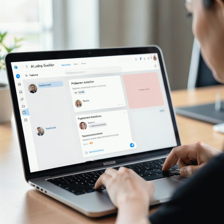 Ilustrasi antarmuka AI builder yang mudah digunakan, menampilkan pembuatan landing page secara otomatis hanya dengan memasukkan perintah chat.