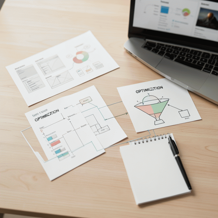 Komposisi visual alat-alat dan diagram alur yang terorganisasi di atas meja, melambangkan struktur optimal dalam merancang landing page.