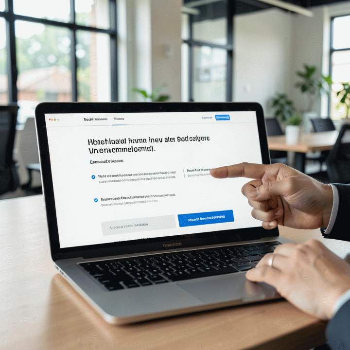Tangan seorang profesional yang menunjuk ke desain sales page produk digital yang terstruktur dan menarik di layar laptop, menunjukkan proses optimalisasi konversi.
