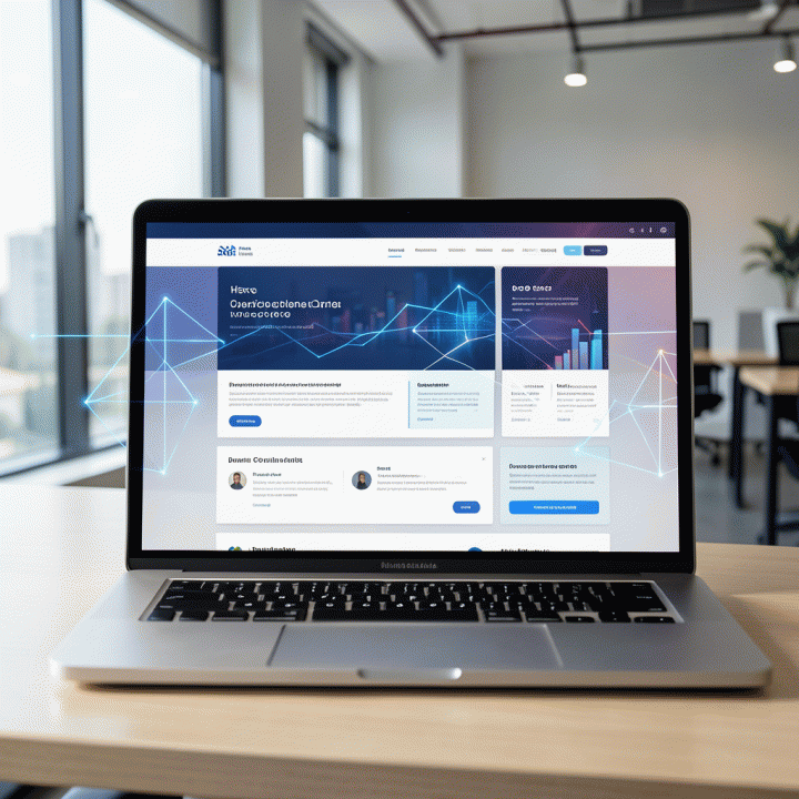 Visualisasi digital sebuah landing page penjualan yang sangat terstruktur dan optimal, menunjukkan alur konversi yang sempurna pada layar laptop di lingkungan kerja modern.