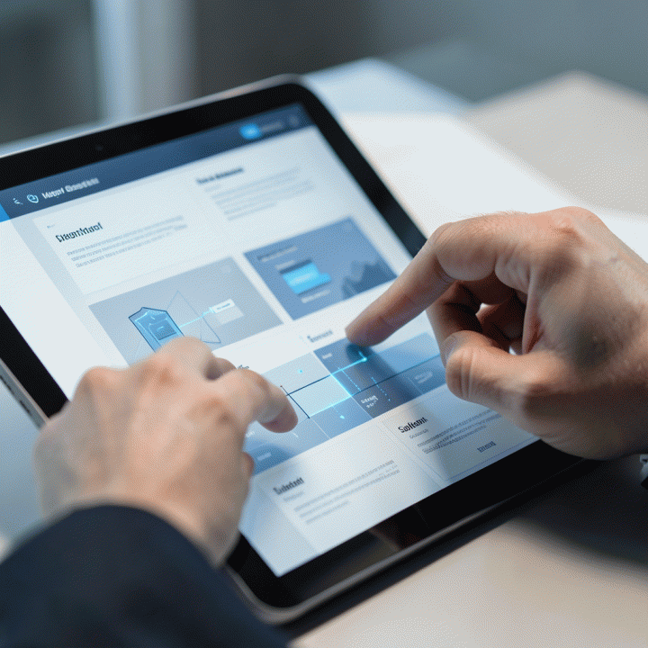 Tangan seorang marketer sedang menyusun dan mengoptimalkan tata letak sales page di tablet, menunjukkan kemudahan penggunaan tools AI.