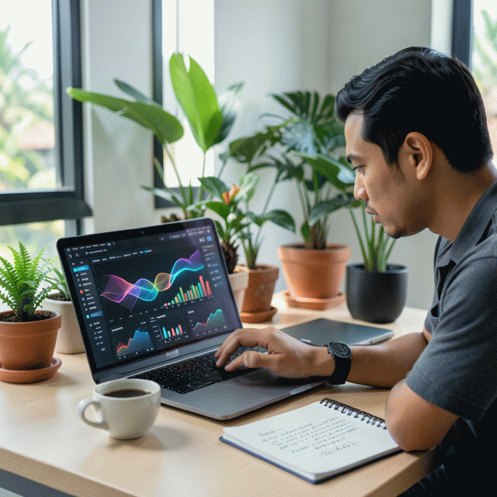 Seorang penjual e-commerce Indonesia yang berfokus pada laptop yang menampilkan dasbor analitik data komprehensif, dikelilingi oleh tanaman hias tropis, melambangkan optimasi bisnis berbasis data.