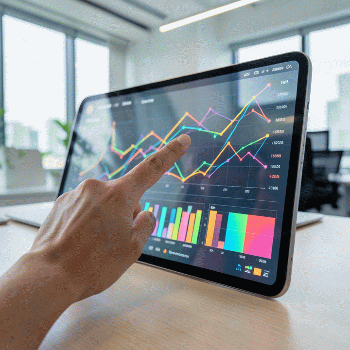 Tangan menunjuk ke dasbor analitik data abstrak yang menunjukkan tren dan wawasan pasar e-commerce.