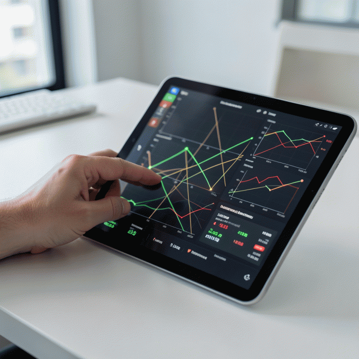 Tangan yang sedang menganalisis dashboard data analitik e-commerce yang kompleks dan futuristik pada tablet.