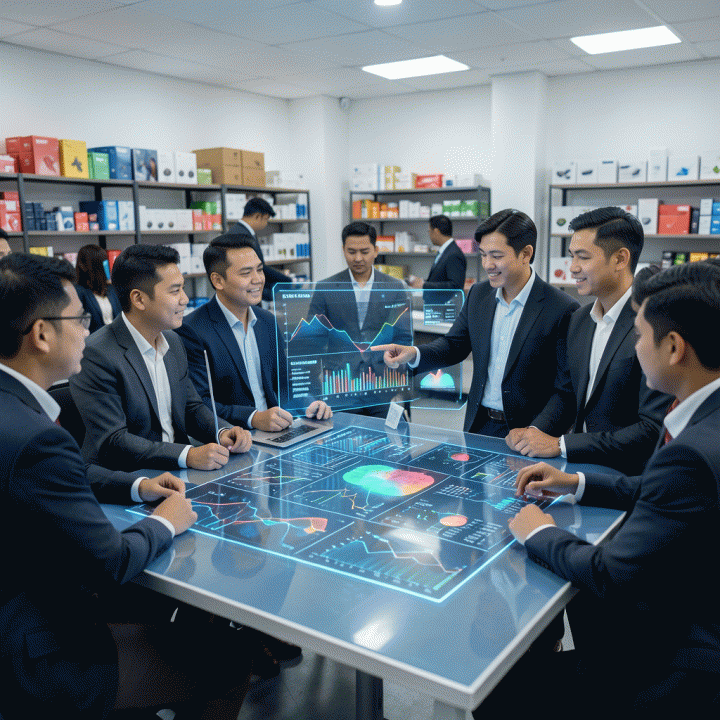 Seorang tim profesional bisnis Indonesia berdiskusi di ruang operasional modern, menganalisis visualisasi data komprehensif tentang optimasi penjualan e-commerce di layar holografik.