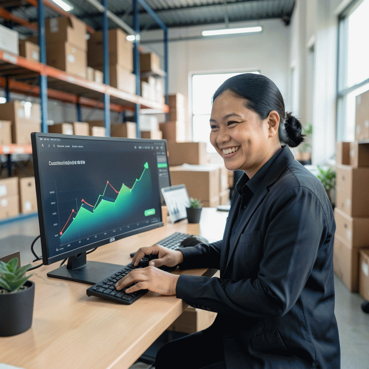 Seorang penjual e-commerce Indonesia yang sukses, melihat data peningkatan performa bisnis di layar monitor.