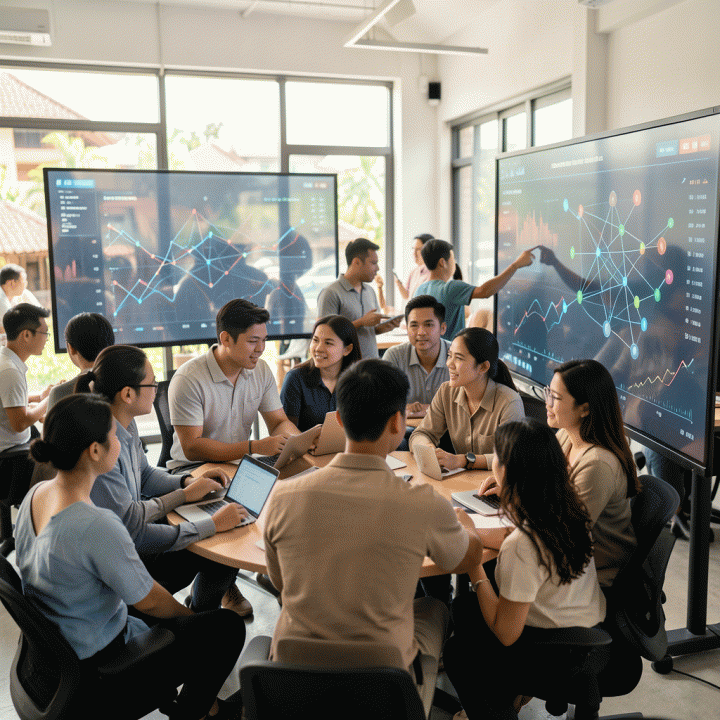 Kelompok pengusaha muda Indonesia yang berdiskusi serius di ruang kerja modern, menganalisis data visualisasi kompleks di layar besar untuk mengoptimasi strategi bisnis e-commerce.
