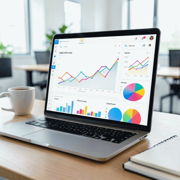 Tampilan dashboard analitik profesional di laptop yang menunjukkan tren penjualan dan metrik bisnis secara visual.