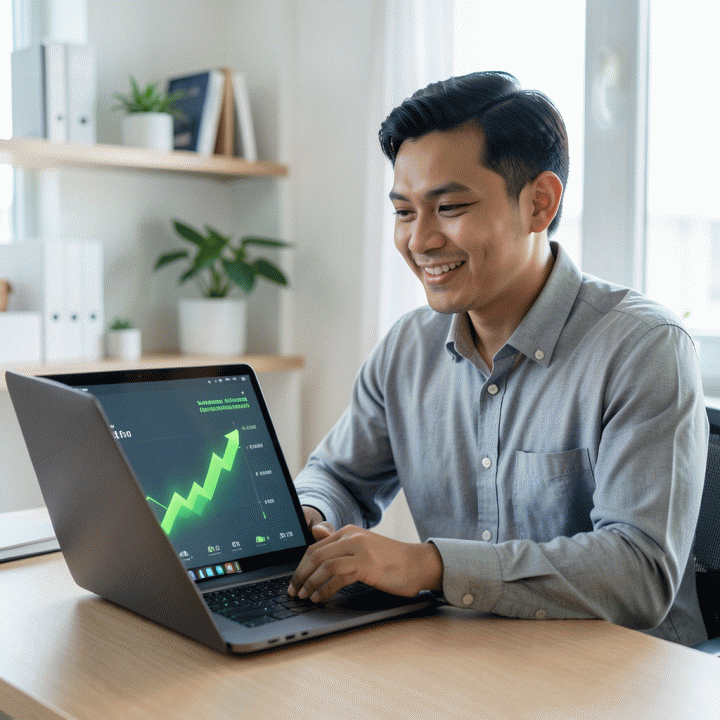 Seorang penjual e-commerce Indonesia yang sukses melihat hasil peningkatan penjualan yang positif di dashboard analitik.