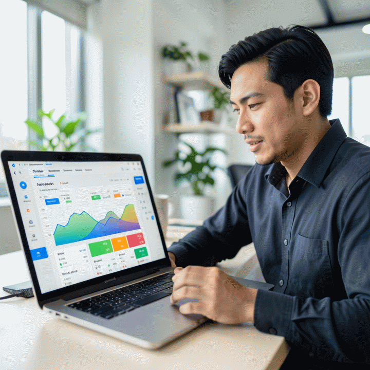 Seorang penjual e-commerce profesional di Indonesia menatap dashboard analitik data yang kompleks dan cerah di layar laptop, menunjukkan optimasi bisnis yang sukses.