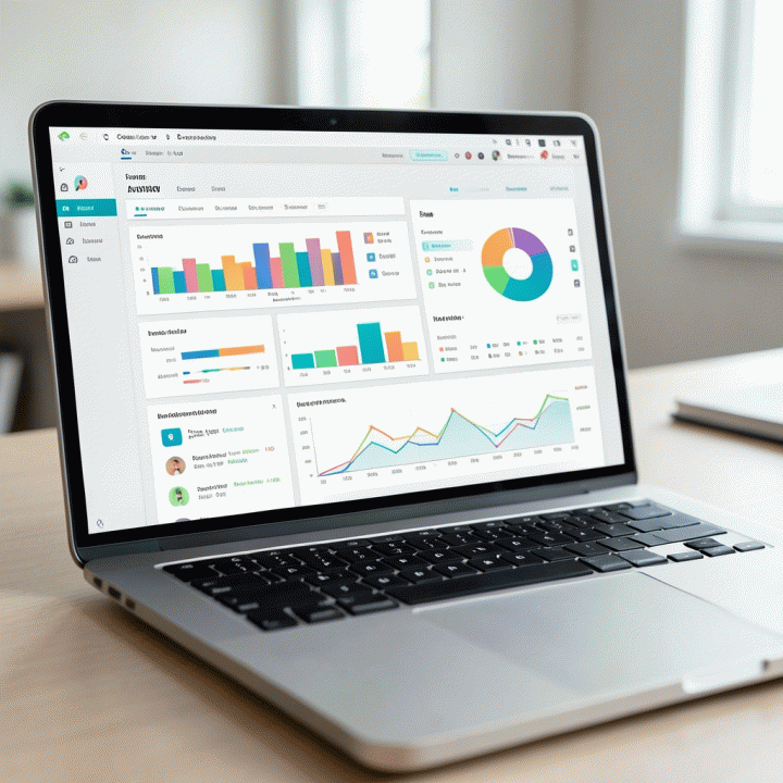 Tampilan dashboard analitik bisnis e-commerce yang kompleks dan profesional di layar laptop, menunjukkan berbagai wawasan data.