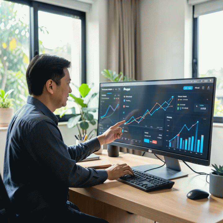 Seorang pemilik UMKM Indonesia yang sukses di kantor modern sedang menganalisis data dashboard bisnis analitik untuk optimasi penjualan toko online di Shopee.