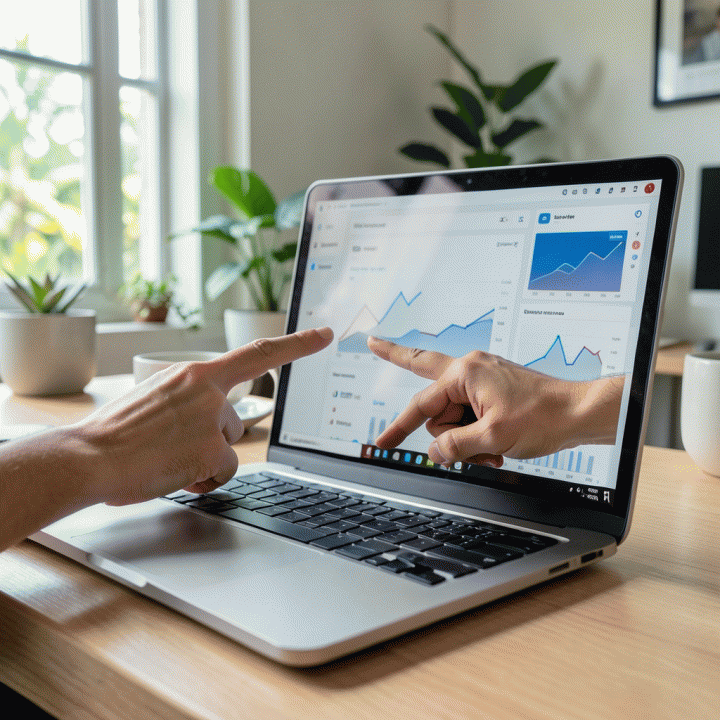 Tangan yang menunjukkan titik data penting pada dashboard analitik di laptop, melambangkan strategi bisnis dan peningkatan penjualan.