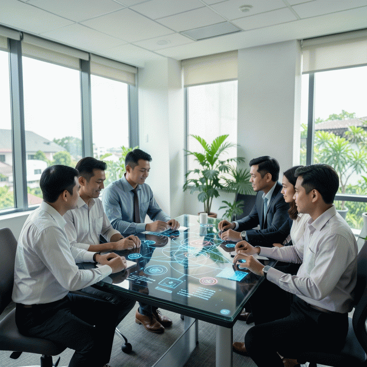 Kelompok profesional Indonesia berdiskusi di ruang kerja modern, berinteraksi dengan dashboard digital abstrak yang menunjukkan optimasi manajemen aset dan properti.
