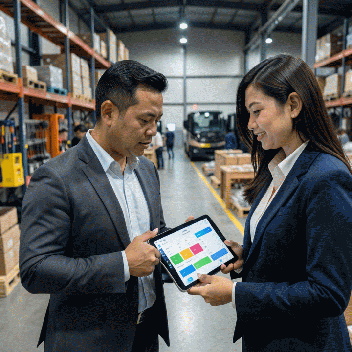 Manajer properti dan staf sedang memeriksa inventaris aset secara real-time menggunakan tablet di gudang yang terorganisir.