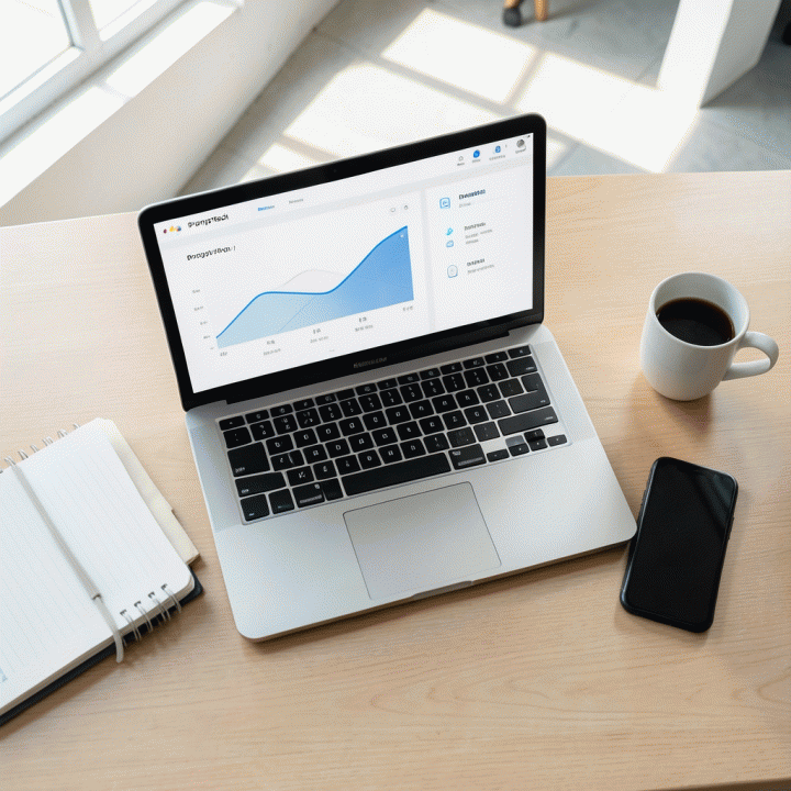 Tampilan atas meja kerja modern yang menunjukkan penggunaan platform PropTech digital untuk manajemen operasional bisnis.