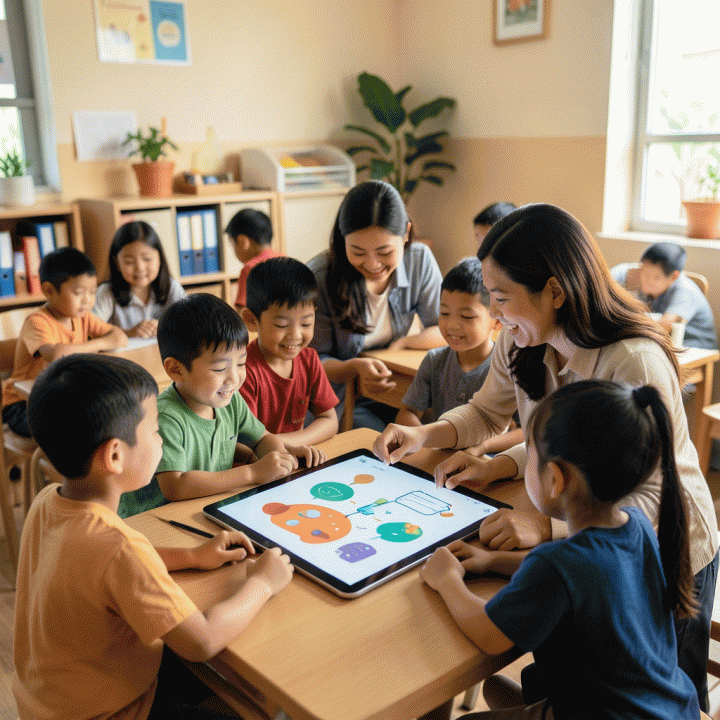 Kelas modern Indonesia yang ceria, menunjukkan orang tua dan guru yang menggunakan teknologi AI untuk membuat materi belajar yang menarik bagi anak-anak.