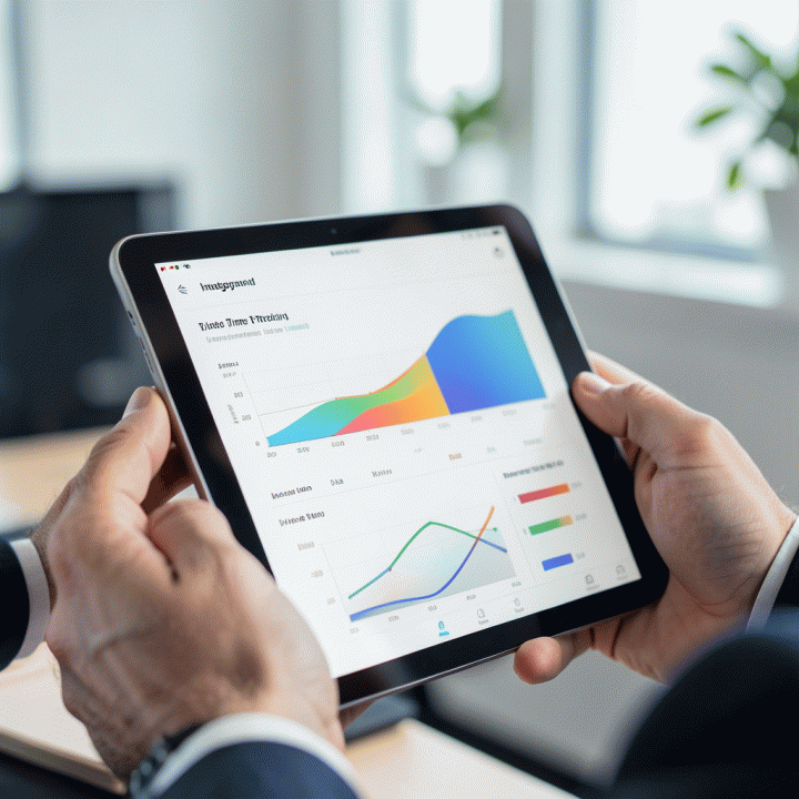 Tangan profesional menggunakan tablet yang menampilkan dasbor visualisasi terpadu untuk melacak waktu dan keuangan proyek, menunjukkan analisis profitabilitas.