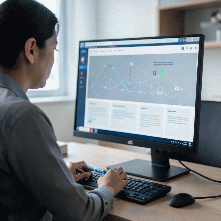 Seorang profesional marketing Indonesia berinteraksi dengan dashboard AI di layar monitor, menunjukkan proses optimasi dan otomatisasi pembuatan sales page.