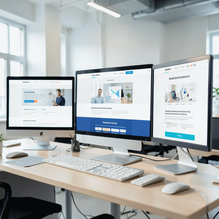 Tampilan layar monitor yang menampilkan desain sales page e-commerce modern dengan struktur konversi tinggi, menunjukkan alur yang terorganisir dan profesional.