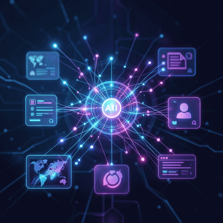 Visualisasi abstrak data yang mengalir melalui AI menjadi strategi konten yang terstruktur.