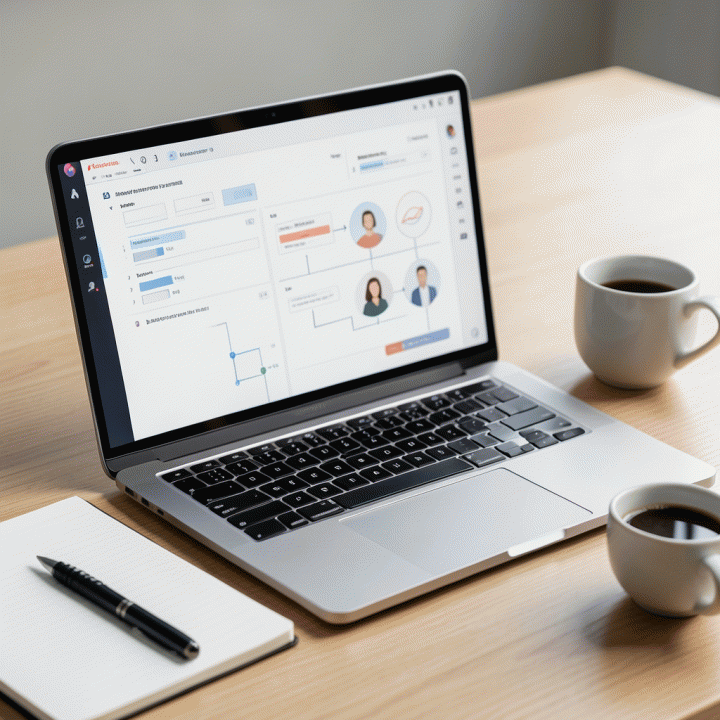 Tampilan flat lay di atas meja kerja yang menampilkan laptop dengan antarmuka AI yang abstrak, bersama buku catatan dan pena, menunjukkan proses perencanaan brand yang terstruktur.