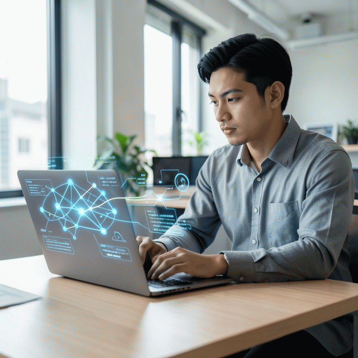 Seorang pendiri startup muda Indonesia yang bersemangat melihat proyeksi holografik di laptopnya, menggambarkan transformasi ide menjadi model bisnis digital yang terstruktur.
